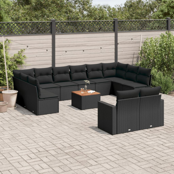 Set de sofás de jardín y cojines 13 pzas ratán sintético negro D