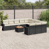 12 pcs conjunto de sofás de jardim c/ almofadões vime PE preto 1