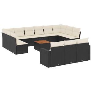 14 pcs conjunto de sofás p/ jardim c/ almofadões vime PE preto H
