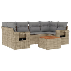 7 pcs conj. sofás jardim c/ almofadões vime PE bege misturado H