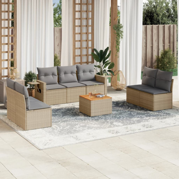 8 pcs conj. sofás jardim c/ almofadões vime PE bege misturado D