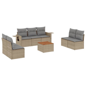 8 pcs conj. sofás jardim c/ almofadões vime PE bege misturado H