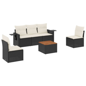 6 pcs conjunto sofás de jardim c/ almofadões vime PE preto H