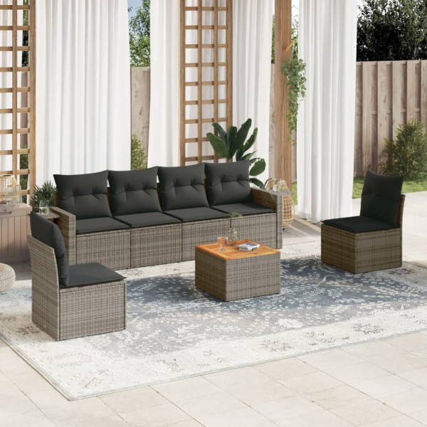 7 pcs conjunto sofás p/ jardim c/ almofadões vime PE cinzento D