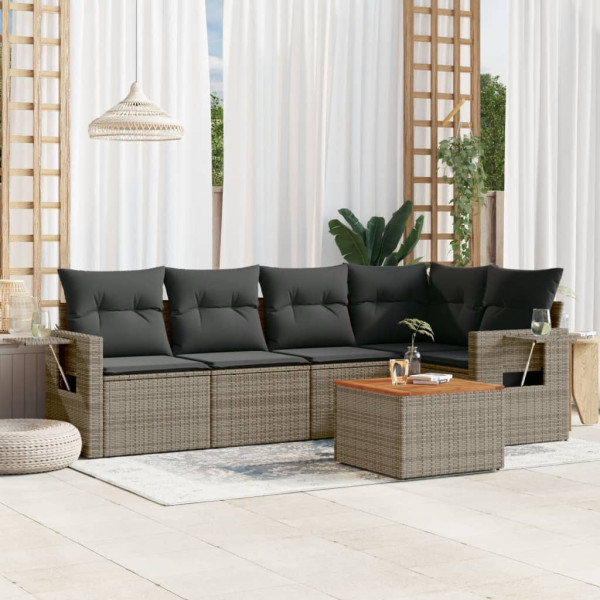 6 pcs conjunto sofás de jardim com almofadões vime cinzento D