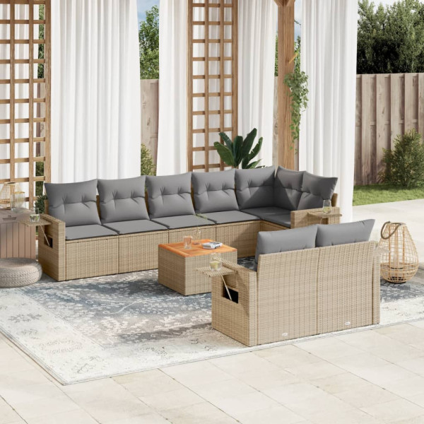 9 pcs conj. sofás jardim c/ almofadões vime PE bege misturado D