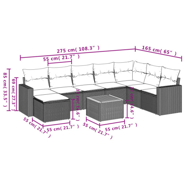 9 pcs conjunto de sofás p/ jardim c/ almofadões vime PE preto M 3
