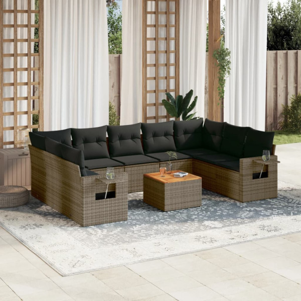 10 pcs conjunto sofás de jardim c/ almofadões vime PE cinzento D