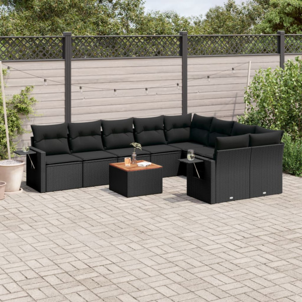 10 pcs conjunto sofás de jardim c/ almofadões vime PE preto D