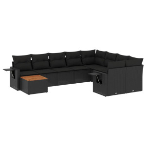 10 pcs conjunto sofás de jardim c/ almofadões vime PE preto H