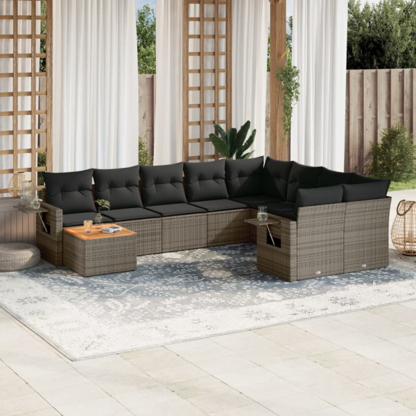 10 pcs conjunto sofás de jardim c/ almofadões vime PE cinzento D