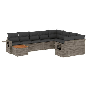 10 pcs conjunto sofás de jardim c/ almofadões vime PE cinzento H