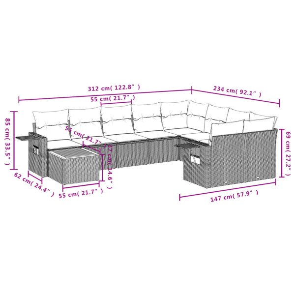 10 pcs conjunto sofás de jardim c/ almofadões vime PE cinzento M 3