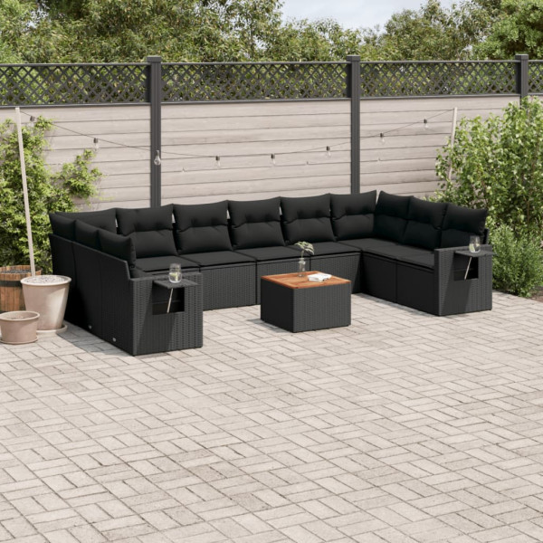 11 pcs conjunto sofás de jardim c/ almofadões vime PE preto D