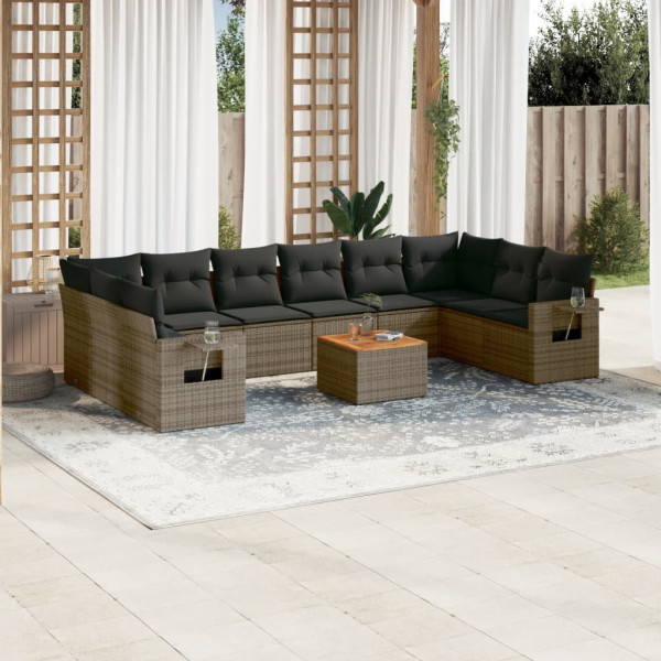 11 pcs conjunto sofás de jardim c/ almofadões vime PE cinzento D