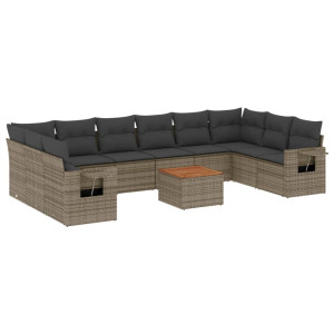 11 pcs conjunto sofás de jardim c/ almofadões vime PE cinzento H