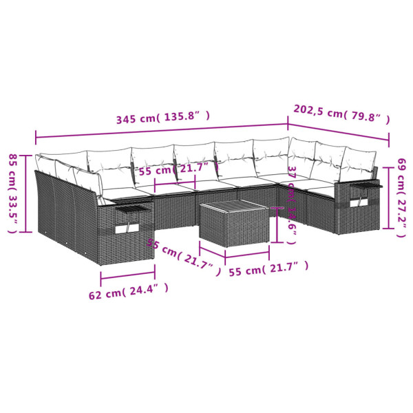 11 pcs conjunto sofás de jardim c/ almofadões vime PE cinzento M 3