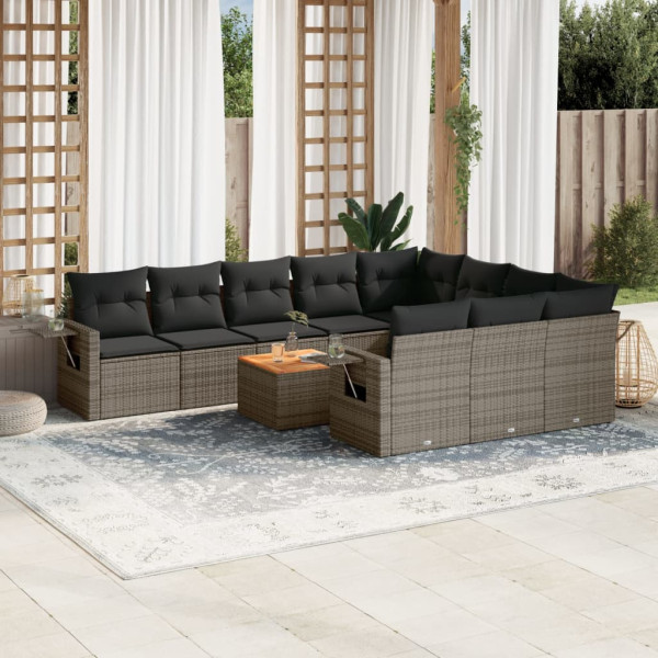 11 pcs conjunto sofás de jardim c/ almofadões vime PE cinzento D