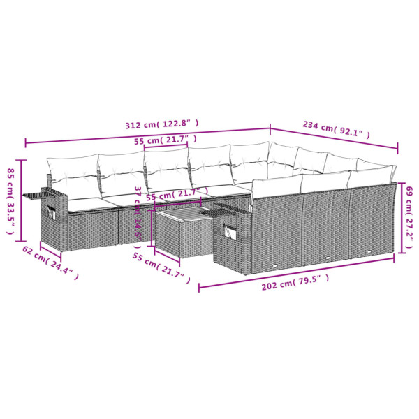 Set de sofás de jardín 11 pzas y cojines ratán sintético gris M 3