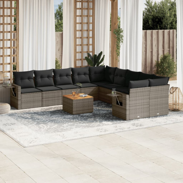 Set de sofás de jardín 11 pzas y cojines ratán sintético gris D