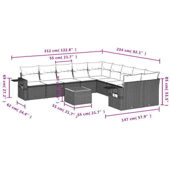 11 pcs conjunto sofás de jardim c/ almofadões vime PE cinzento M 3