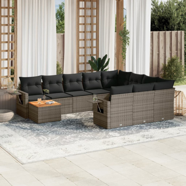 11 pcs conjunto sofás de jardim c/ almofadões vime PE cinzento D