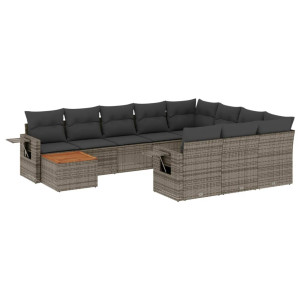 11 pcs conjunto sofás de jardim c/ almofadões vime PE cinzento H