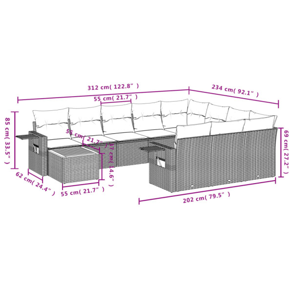 Set de sofás de jardín 11 pzas y cojines ratán sintético negro M 3