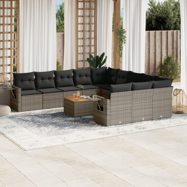 12 pcs conjunto de sofás jardim c/ almofadões vime PE cinzento D