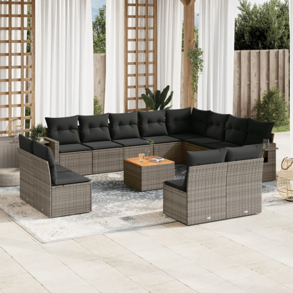 13 pcs conjunto sofás p/ jardim c/ almofadões vime PE cinzento D