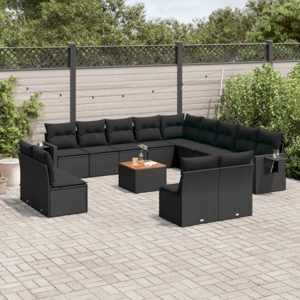 14 pcs conjunto de sofás p/ jardim c/ almofadões vime PE preto D
