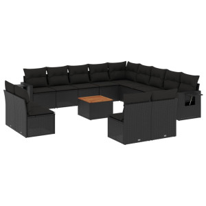 14 pcs conjunto de sofás p/ jardim c/ almofadões vime PE preto H
