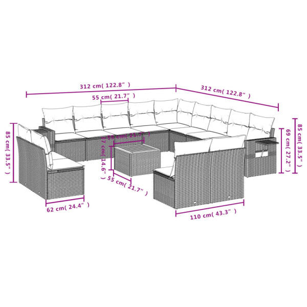 14 pcs conjunto de sofás p/ jardim c/ almofadões vime PE preto M 3