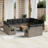 13 pcs conjunto sofás p/ jardim c/ almofadões vime PE cinzento 1