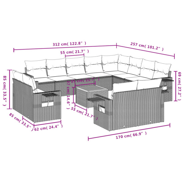 Set sofás de jardín con cojines 13 piezas ratán sintético gris M 3