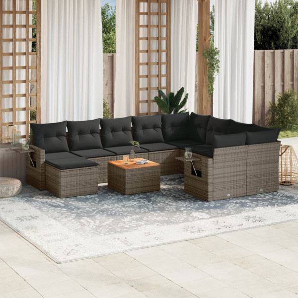 Set de sofás de jardín 11 pzas y cojines ratán sintético gris D