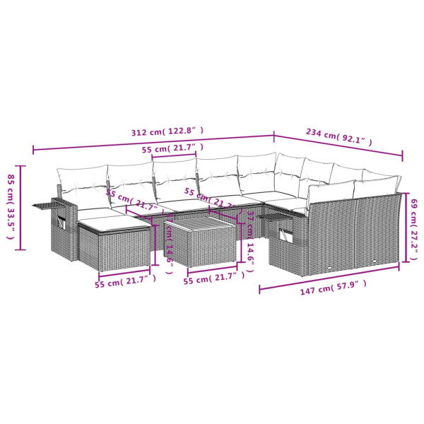 Set de sofás de jardín 11 pzas y cojines ratán sintético gris M 3