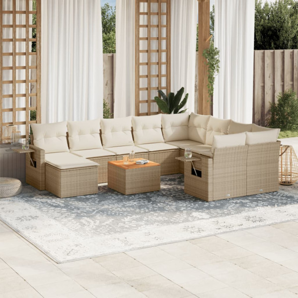 Set de sofás de jardín 11pzas con cojines ratán sintético beige D