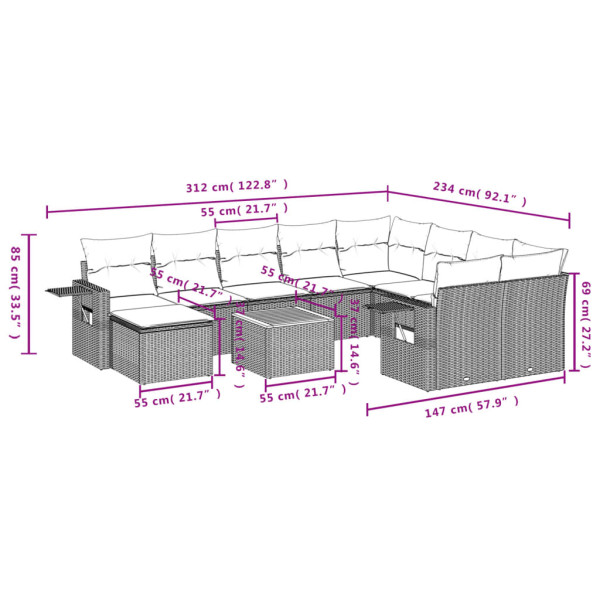 11 pcs conjunto sofás de jardim c/ almofadões vime PE bege M 3
