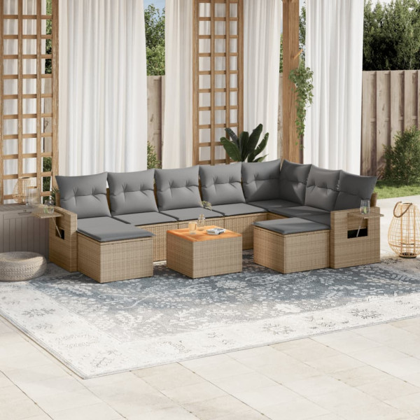 10 pcs conj. sofás jardim c/ almofadões vime PE bege misturado D