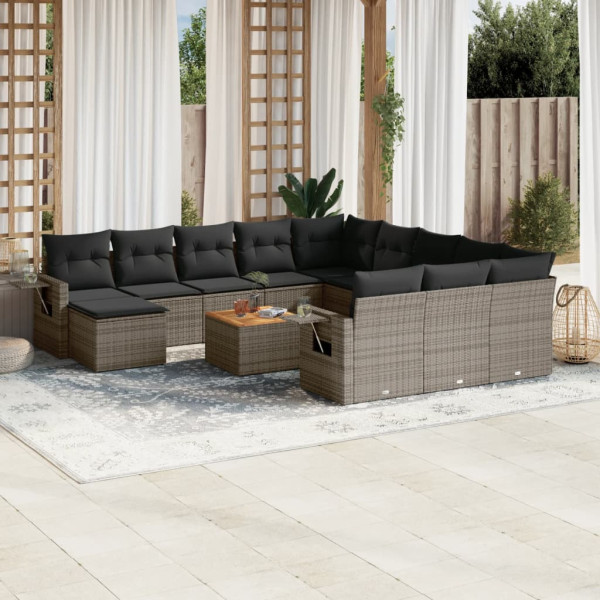 13 pcs conjunto sofás p/ jardim c/ almofadões vime PE cinzento D