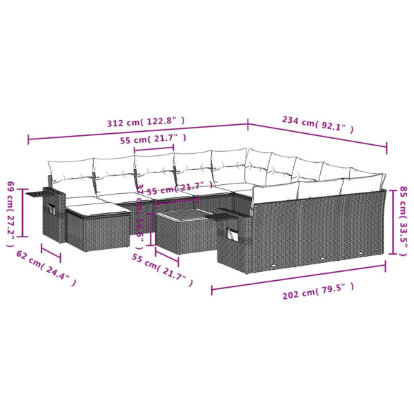 Set sofás de jardín con cojines 13 piezas ratán sintético gris M 3
