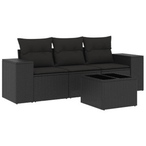 4 pcs conjunto de sofás para jardim c/ almofadões vime PE preto H
