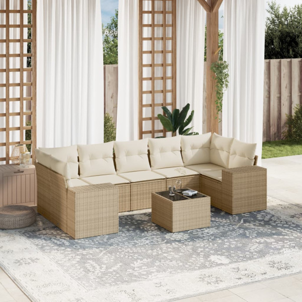 8 pcs conjunto de sofás p/ jardim com almofadões vime PE bege D