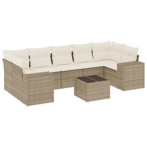 8 pcs conjunto de sofás p/ jardim com almofadões vime PE bege H