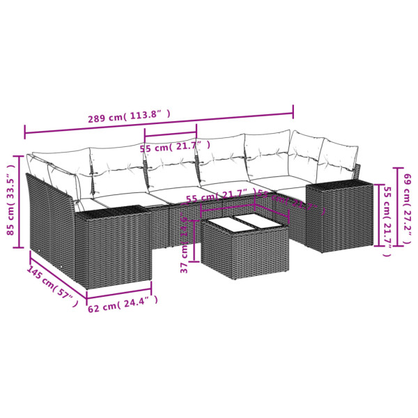 8 pcs conjunto de sofás p/ jardim com almofadões vime PE bege M 3