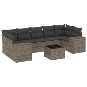 8 pcs conjunto sofás de jardim c/ almofadões vime PE cinzento H