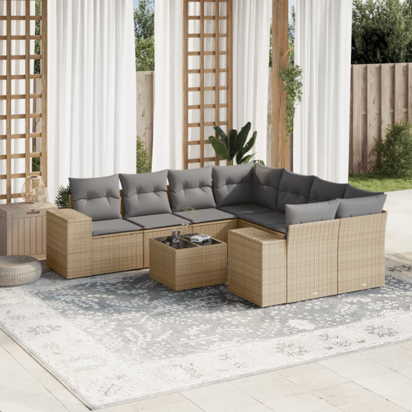 9 pcs conjunto de sofás p/ jardim com almofadões vime PE bege D