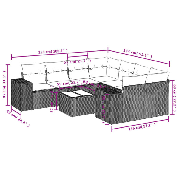 Set de sofás de jardín 9 pzas con cojines ratán sintético beige M 3