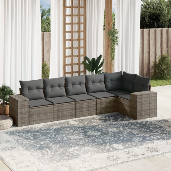 6 pcs conjunto sofás de jardim com almofadões vime cinzento D